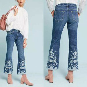 Anthropologie Pilcro High Rise Cropped Flare Jeans Embroidered Raw Hem Size 26